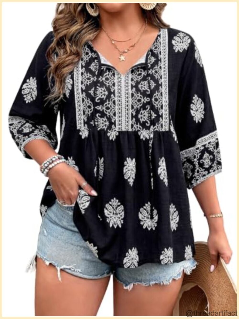 Women's Plus Size 3/4 Puff Sleeve Blouse Tie Front Pleated Tunic Top